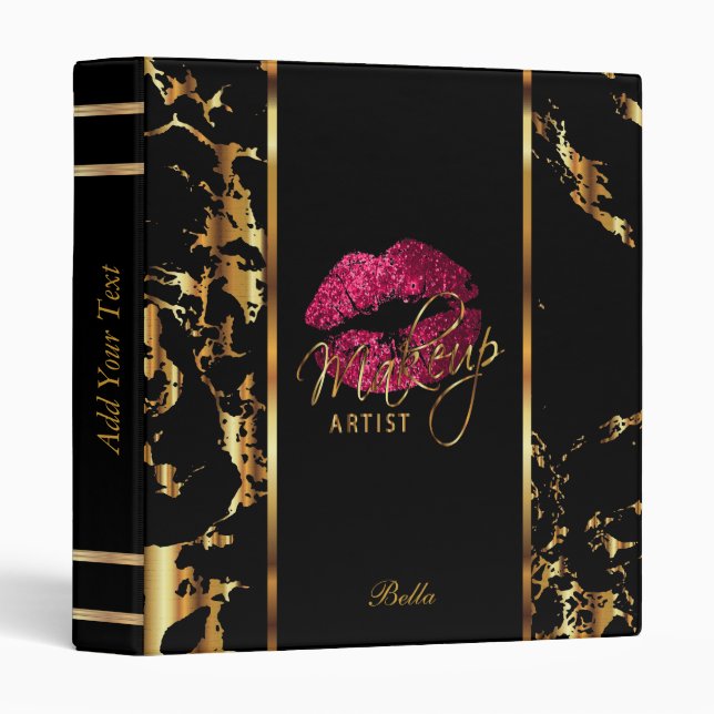 Hot Pink Glitter Lips and Gold Marble Binder (Front/Spine)