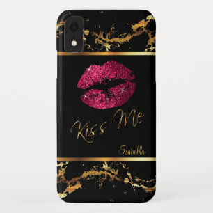 Hot Pink Glitter Lips and Gold Marble Pattern iPhone XR Case