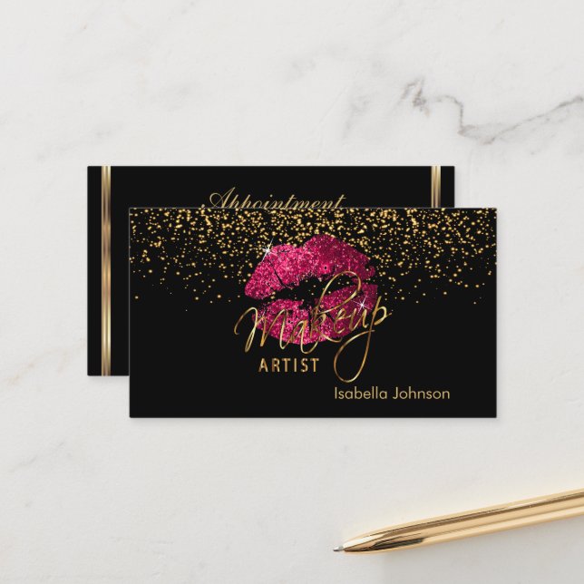 Hot Pink Glitter Lips Appointment Schedule Card (Front/Back In Situ)