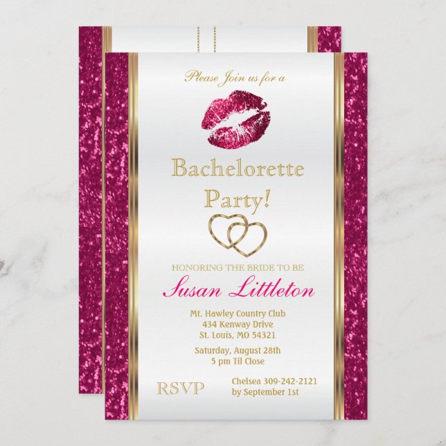 Hot Pink Glitter Lips Bachelorette Party 2 Invitation (Front/Back)