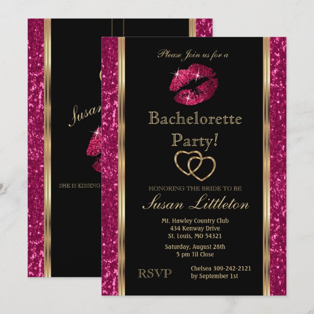 Hot Pink Glitter Lips Bachelorette Party Invitation (Front/Back)