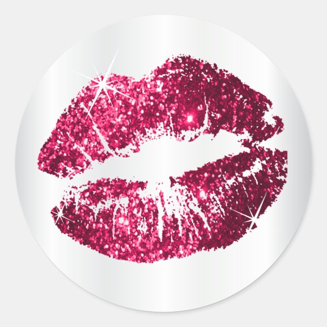 Hot Pink Glitter Lips - White Satin Classic Round Sticker (Front)