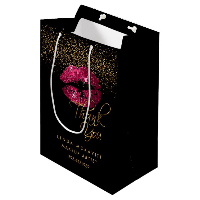 Hot Pink Glitter Lipstick - Thank You Medium Gift Bag (Front Angled)