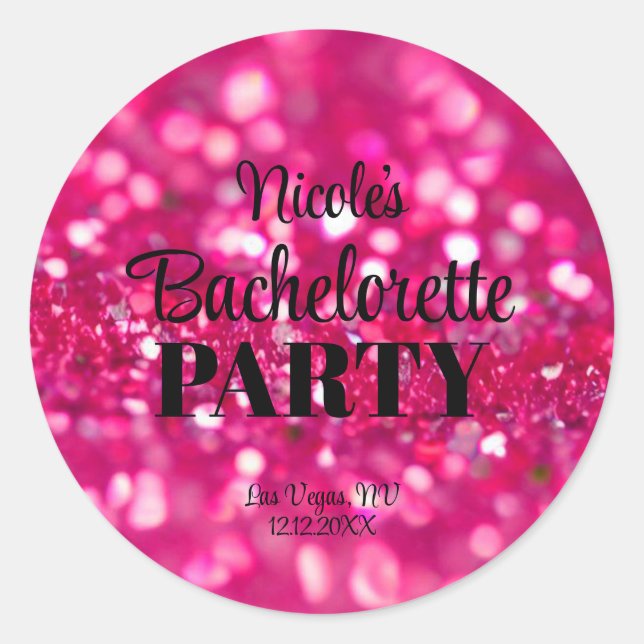 Hot Pink Glitter Modern Glam Bachelorette Party Classic Round Sticker (Front)