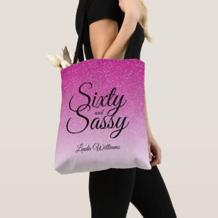 Hot Pink Glitter Ombre 60 and Sassy 60th Birthday Tote Bag