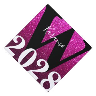 Hot Pink Glitter Ombre Monogram Name Graduation Graduation Cap Topper