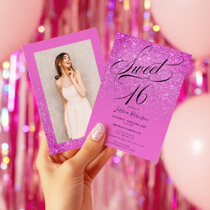 Hot Pink glitter ombre script  photo Sweet 16 Invitation
