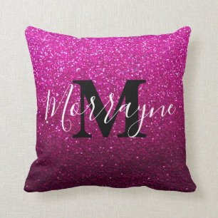 Hot Pink Glitter Ombre Sparkle Metallic Monogram Throw Pillow