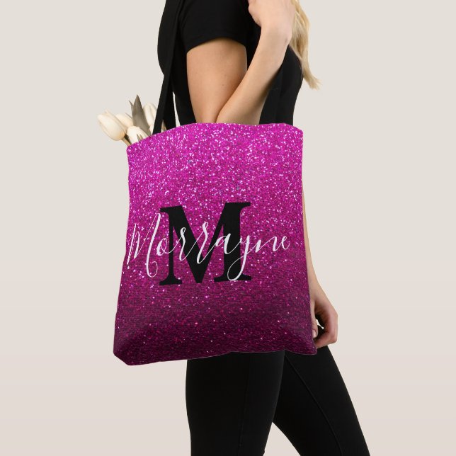 Hot Pink Glitter Ombre Sparkles Metallic Monogram Tote Bag (Close Up)