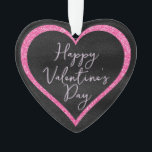 Hot Pink Glitter on Black Romantic Valentine's Day Ornament<br><div class="desc">This custom keepsake ornament features a romantic Valentine heart design. The background is a black foil pattern with a hot pink glitter heart frame that borders the text. A "Happy Valentine's Day" greeting is printed in the centre in an elegant script font.</div>