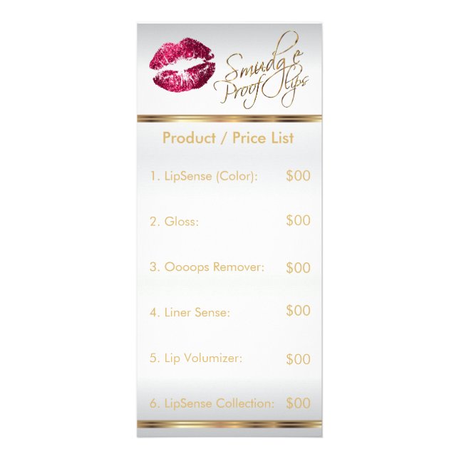 Hot Pink Glitter on White Lip Price List - Satin Rack Card (Front)