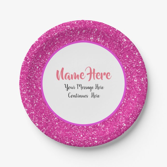 Hot Pink Glitter Pattern Personalized Paper Plate (Front)