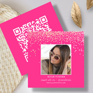 Hot Pink Glitter   Photo Social Media   QR Code   Square Business Card