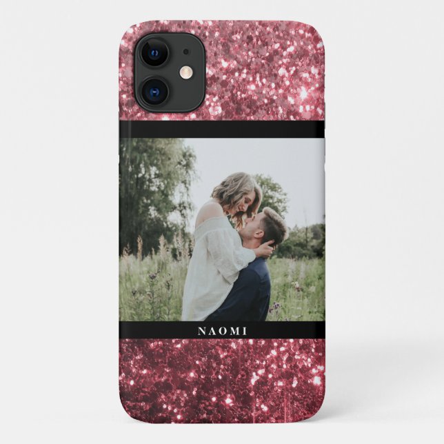 Hot Pink Glitter & Photo with Name Case-Mate iPhone Case (Back)