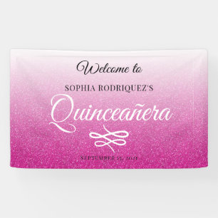 Hot Pink Glitter Quinceañera 15th Birthday Welcome Banner