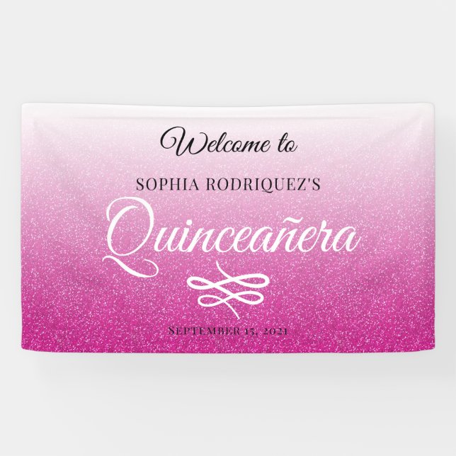 Hot Pink Glitter Quinceañera 15th Birthday Welcome Banner (Horizontal)