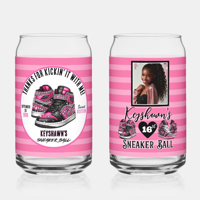 Hot Pink Glitter Sneaker Ball Photo Birthday Can Glass (Front)