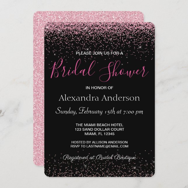 Hot Pink Glitter Sparkle Bridal Shower Invitation (Front/Back)