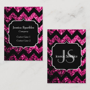 Hot pink glitter sparkles black Chevron Monogram Business Card