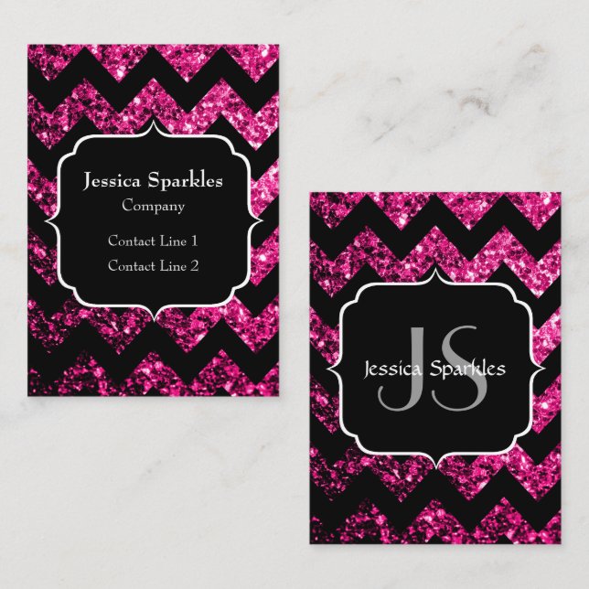 Hot pink glitter sparkles black Chevron Monogram Business Card (Front/Back)