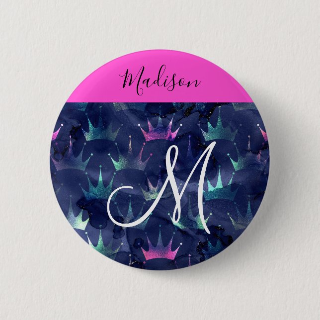 Hot Pink Glitter Sparkles Mermaid Crowns Monogram 2 Inch Round Button (Front)