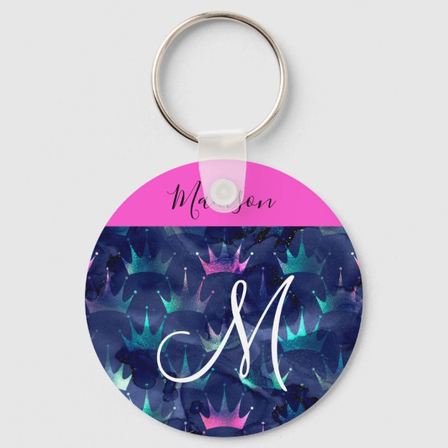Hot Pink Glitter Sparkles Mermaid Crowns Monogram Keychain (Front)