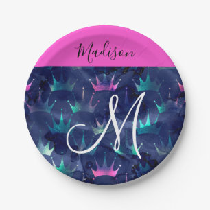 Hot Pink Glitter Sparkles Mermaid Crowns Monogram Paper Plate