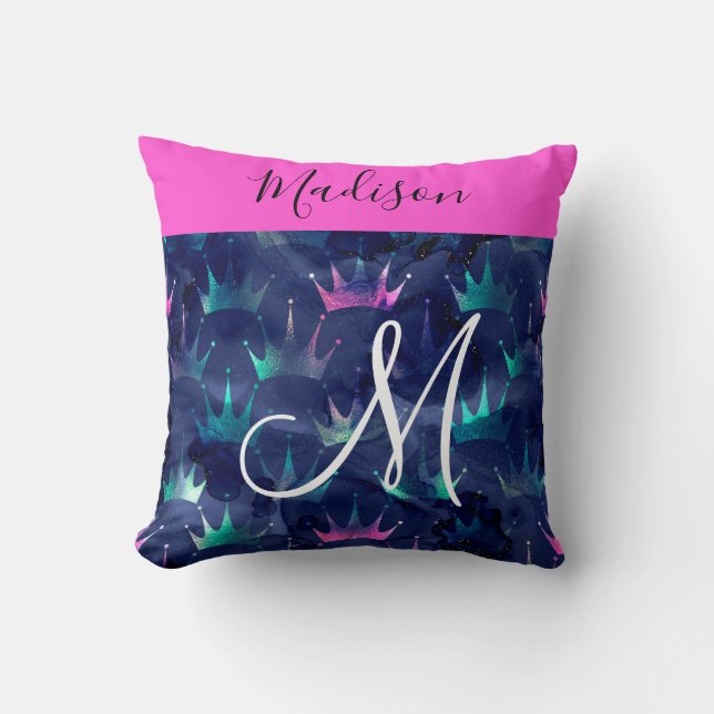 Hot Pink Glitter Sparkles Mermaid Crowns Monogram Throw Pillow (Front)