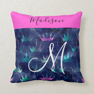 Hot Pink Glitter Sparkles Mermaid Crowns Monogram Throw Pillow