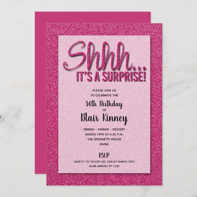 Hot Pink Glitter SURPRISE Birthday Invitations (Front/Back)