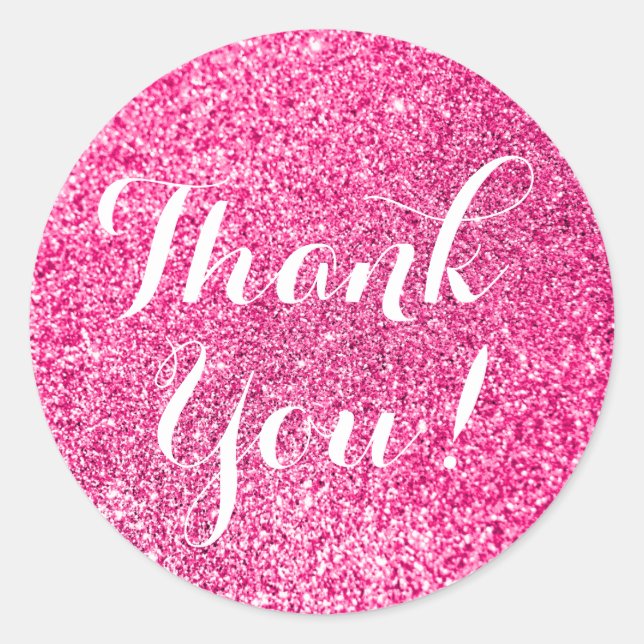 Hot Pink Glitter Thank You Classic Round Sticker (Front)