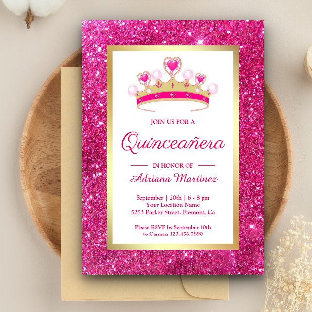 Hot Pink Glitter Tiara Princess Quinceanera Invitation (Creator Uploaded)