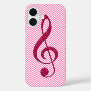 Hot Pink Glitter Treble Clef on Pink Chevron iPhone 16 Case