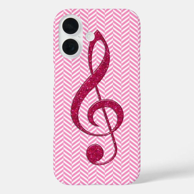 Hot Pink Glitter Treble Clef on Pink Chevron Case-Mate iPhone Case (Back)