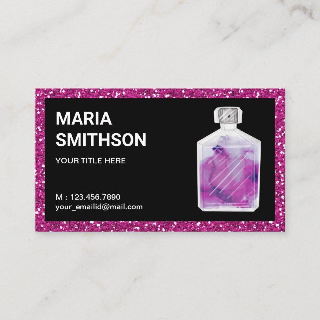 Hot Pink Glitter Watercolor Perfume Bottle Business Card (Front)