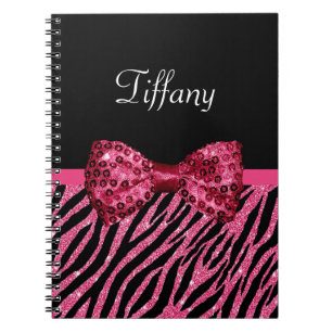 Hot Pink Glitter Zebra Bow Name Notebook