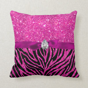 Hot Pink Glitter Zebra Pattern Ribbon Diamond Cute Throw Pillow