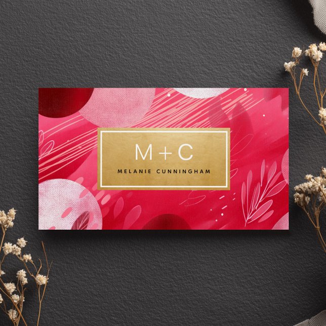 Hot Pink Gold Abstract Monogram Business Cards (Créateur téléchargé)