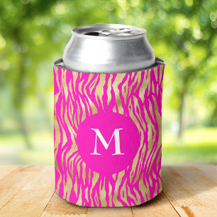 Hot Pink Gold Animal Print Monogram Glam Chic Bold Can Cooler