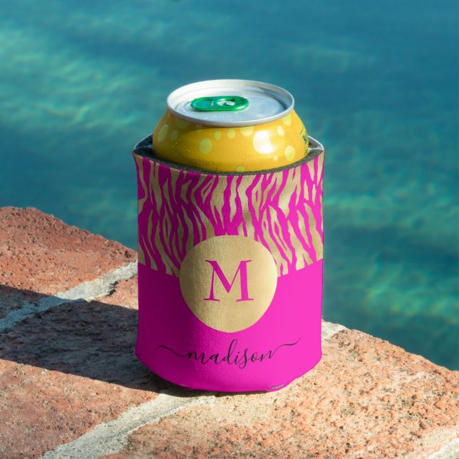 Hot Pink Gold Animal Print Monogram Name Glam Chic Can Cooler (In Situ Pool)