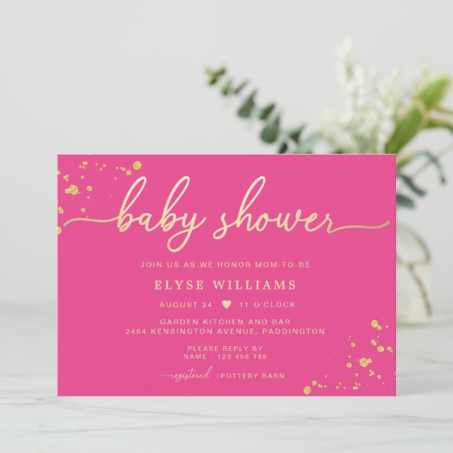 Hot Pink Gold Baby Shower Invitation (Standing Front)