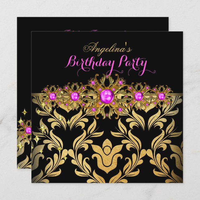 Hot Pink Gold Black Damask Birthday Party 2 Invitation (Front/Back)