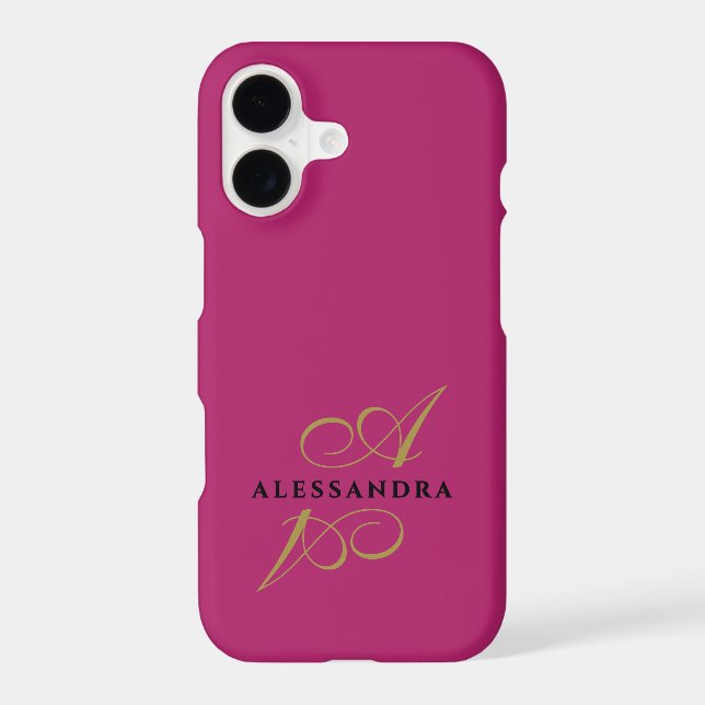 Hot Pink Gold Black Monogram Minimalist Modern  (Back)