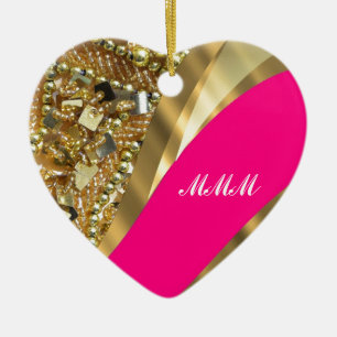 Hot pink & gold bling ceramic ornament