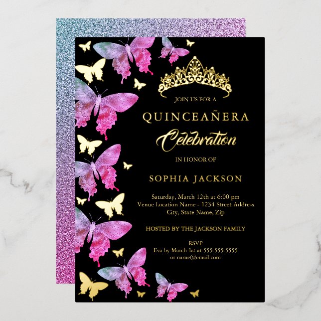 Hot Pink Gold Blue Butterfly Quinceanera (Front/Back)