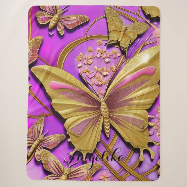 Hot Pink Gold Butterfly Personalized Name Sherpa Blanket (Front)