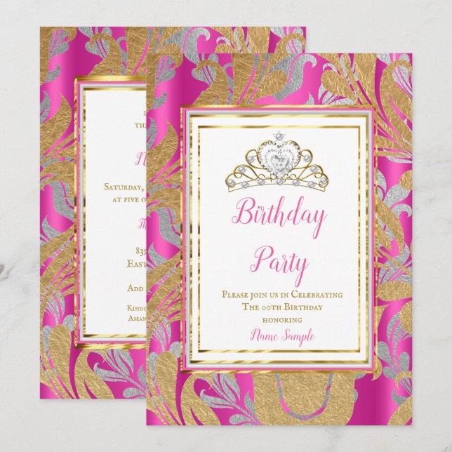 Hot Pink Gold Damask Grey Tiara Birthday Party Invitation (Front/Back)