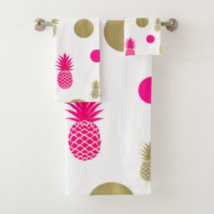 Hot Pink & Gold Dots & Pineapples Fun Summer Chic Bath Towel Set