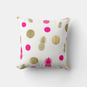 Hot Pink & Gold Dots & Pineapples Fun Summer Chic Throw Pillow