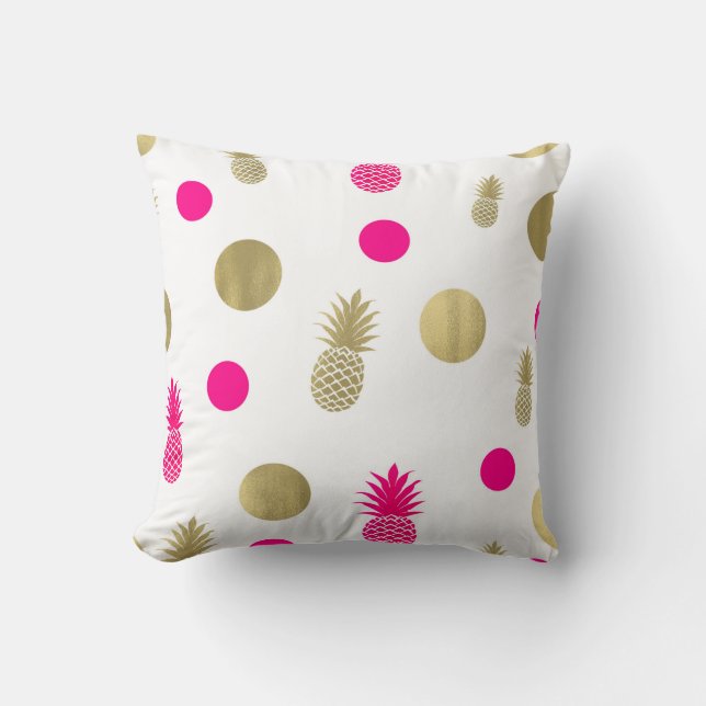Hot Pink & Gold Dots & Pineapples Fun Summer Chic Throw Pillow (Front)